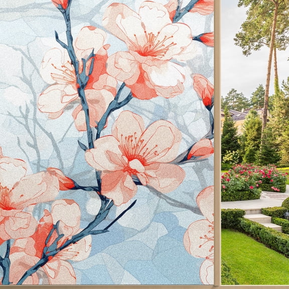 Static Cling Decorative Window Film Frosted Privacy Film Window Clings for Glass Windows No Glue Window Sticker for Bathroom Bedroom Office Stained Glass Peach Blossom (3)