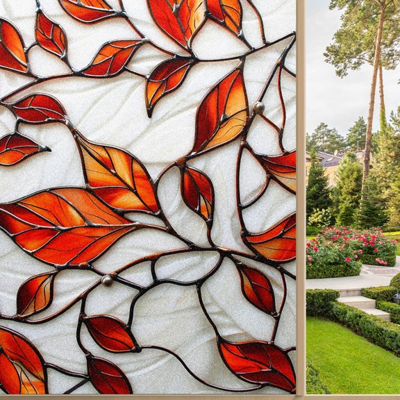 Static Cling Decorative Window Film Frosted Privacy Film Window Clings for Glass Windows No Glue Window Sticker for Bathroom Bedroom Office Stained Leaves (11)