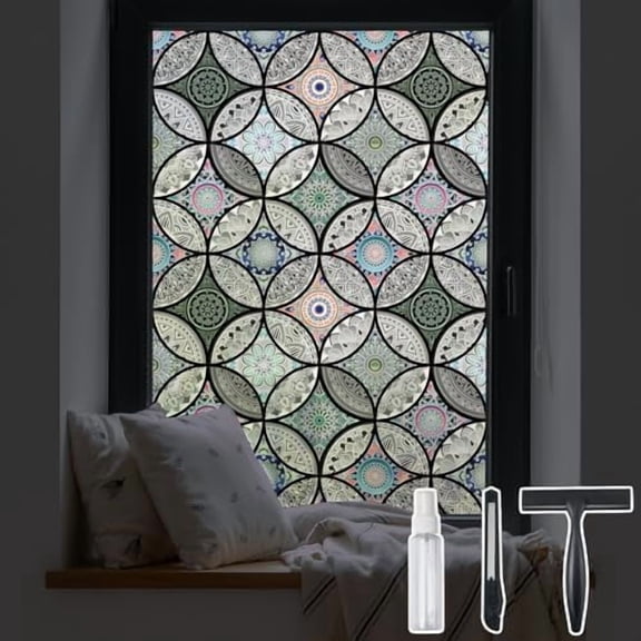 Static Cling Decorative Window Film with Installation Tools Non Adhesive Privacy Film, Stained Glass Window Film for Bathroom Shower Door Heat Cotrol Anti UV 17.7 x 78.7 Inch