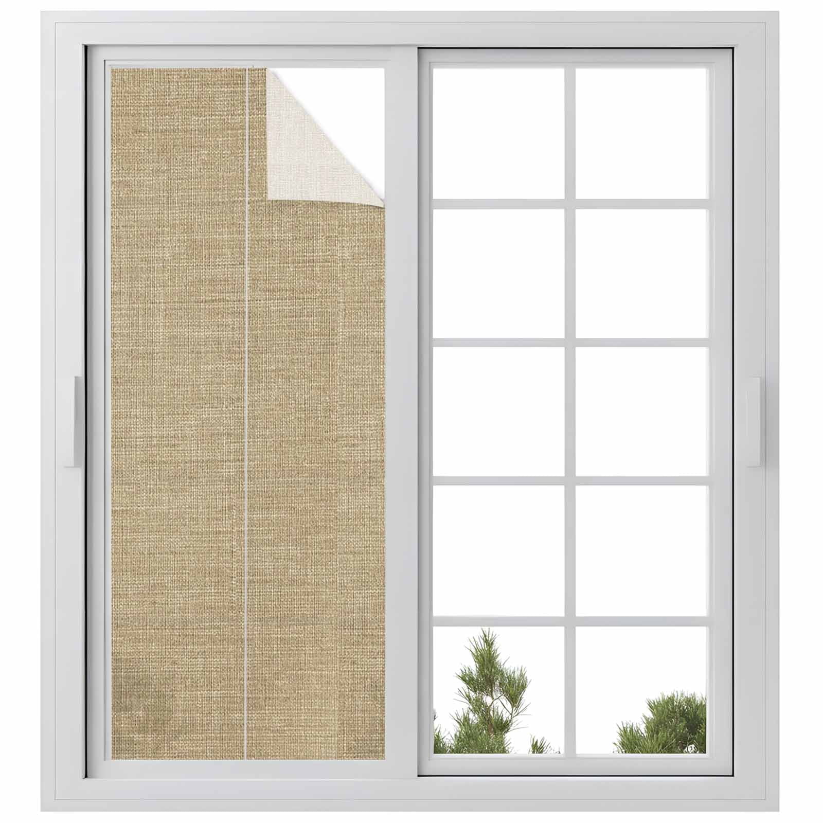 Static Cling Door Window Covering, Beige Window Privacy Film Frosted, Farmhouse Burlap Solid Brown Color Modern Linen Texture UV Blocking Windows Film for Office, Hotel, Bedroom, 29.5 x 78.7 Inches