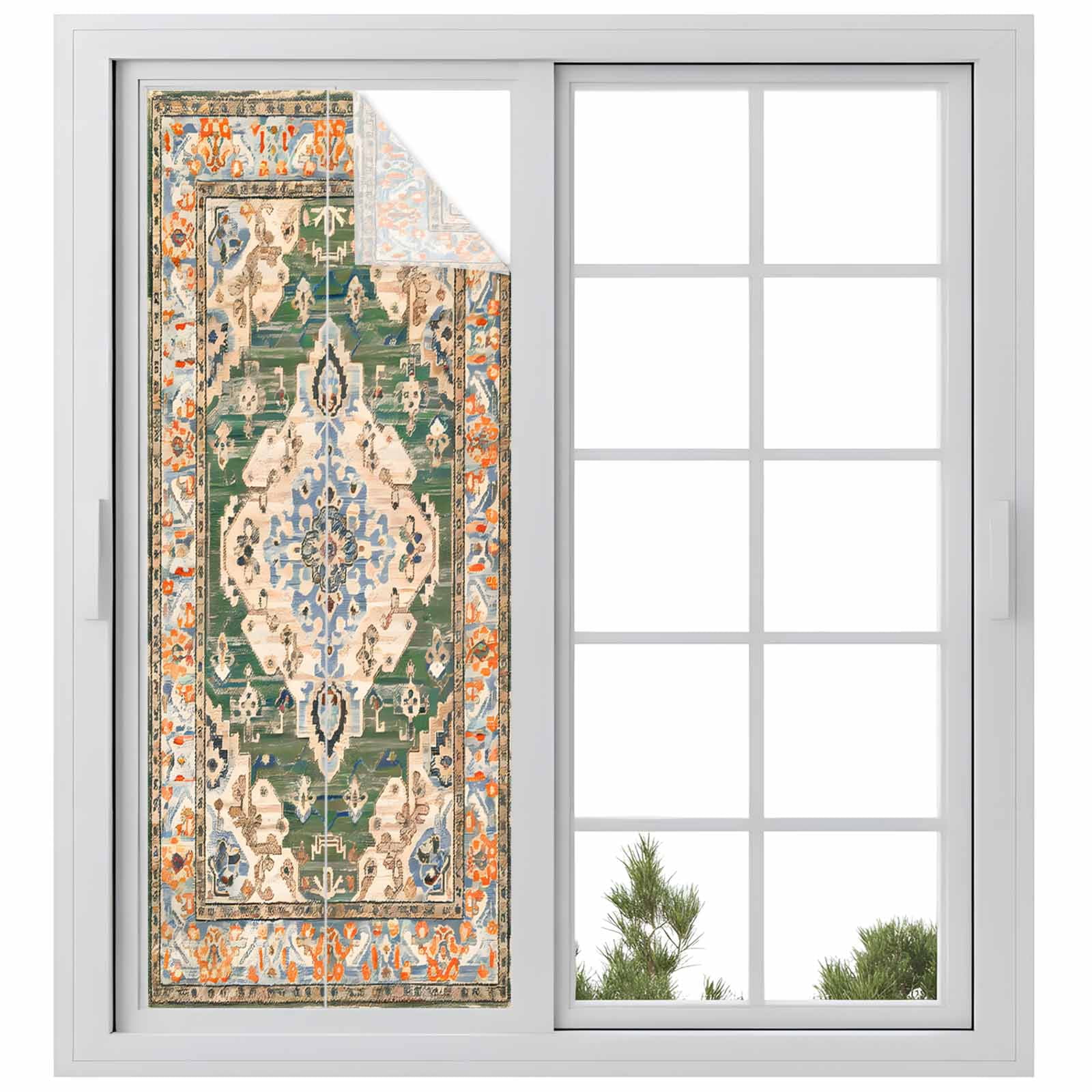 Static Cling Door Window Covering, Boho Window Privacy Film Frosted, Green Brown Ethnic Tribe Abstract Vintage Western UV Blocking Windows Film for Office, Hotel, Bedroom, 29.5 x 78.7 Inches