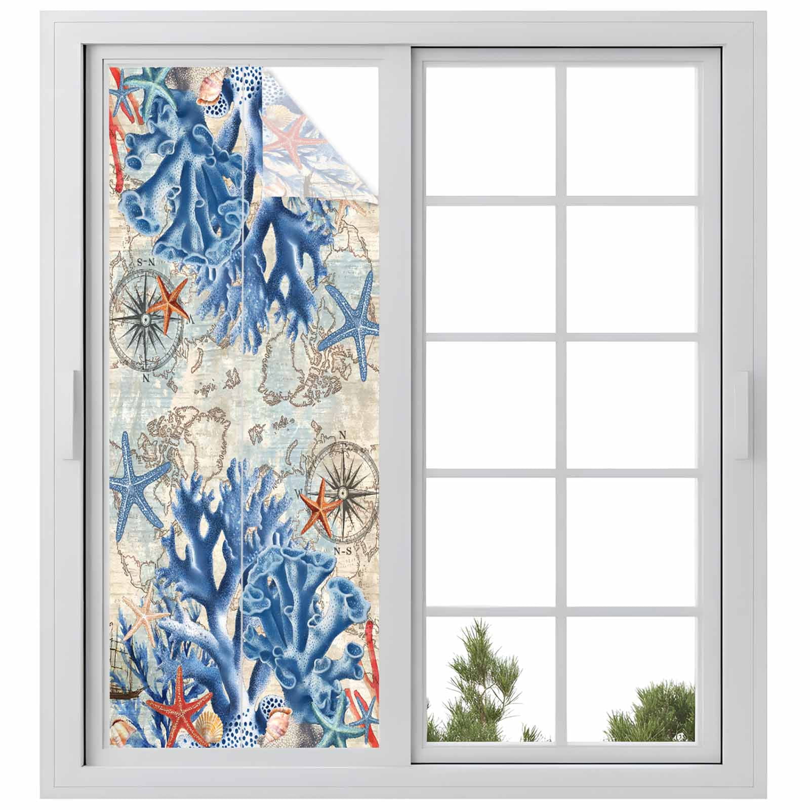 Static Cling Door Window Covering, Navy Blue Coral Window Privacy Film Frosted, Vintage Coastal Nautical Summer Beach UV Blocking Windows Film for Office, Hotel, Bedroom, 29.5 x 78.7 Inches