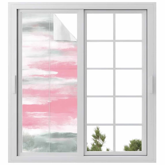 Static Cling Door Window Covering, Pink Grey Ombre Window Privacy Film Frosted, Abstract Art Oil Painting Modern UV Blocking Windows Film for Office, Hotel, Bedroom, 29.5 x 78.7 Inches