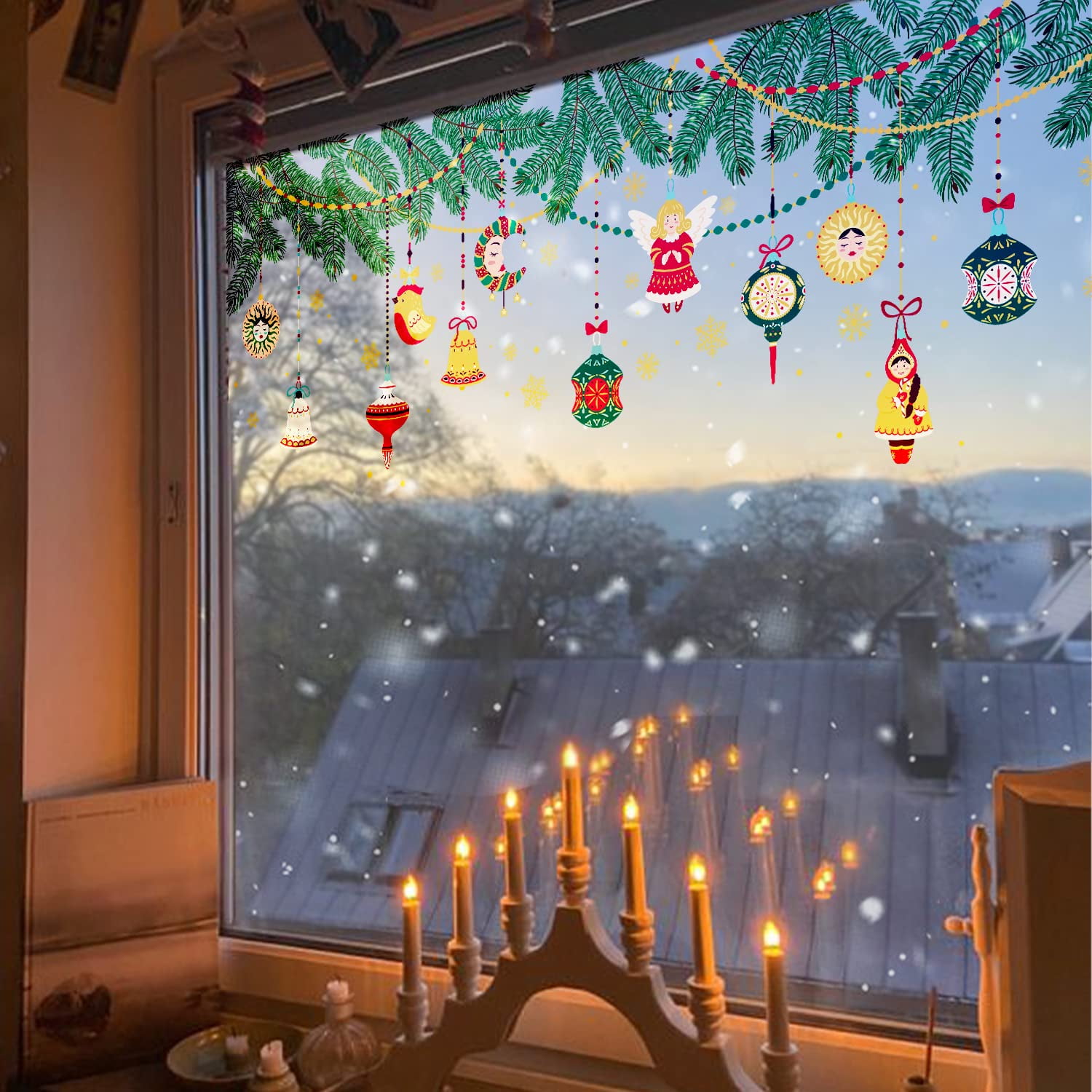 Static Cling Folk Art Window Sticker, Non-Adhesive Christmas Windows ...