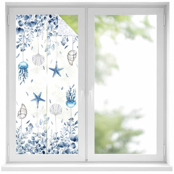 Static Cling Non Adhesive Window Film, Blue Eucalyptus Coastal Window Privacy Film Frosted, Beach Starfish Jellyfish Opaque Window Coverings for Small Windows, Home, 17.7 x 39.3 Inches
