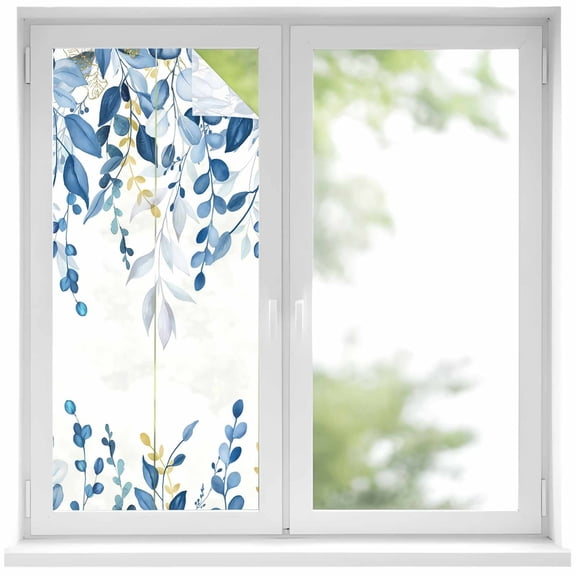 Static Cling Non Adhesive Window Film, Blue Eucalyptus Leaves Window Privacy Film Frosted, Farmhouse Botanical Watercolor Opaque Window Coverings for Small Windows, Home, 17.7 x 39.3 Inches