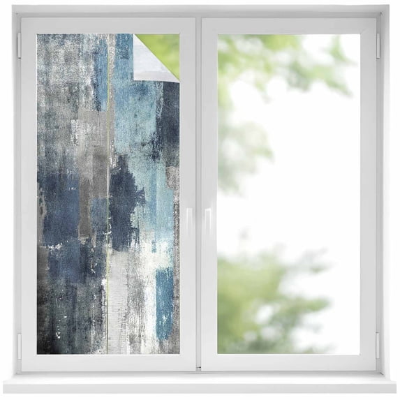 Static Cling Non Adhesive Window Film, Blue Grey Window Privacy Film Frosted, Abstract Art Oil Painting Modern Geometric Opaque Window Coverings for Small Windows, Home, 17.7 x 39.3 Inches