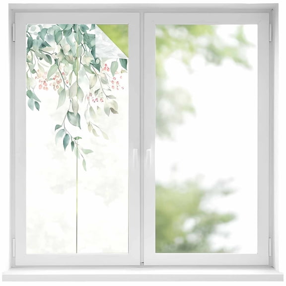 Static Cling Non Adhesive Window Film, Eucalyptus Leaves Farmhouse Window Privacy Film Frosted, Spring Botanical Opaque Window Coverings for Small Windows, Home, 17.7 x 39.3 Inches