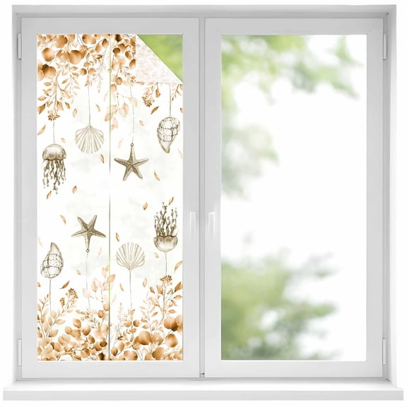 Static Cling Non Adhesive Window Film, Orange Eucalyptus Coastal Window Privacy Film Frosted, Beach Starfish Conch Opaque Window Coverings for Small Windows, Home, 17.7 x 39.3 Inches