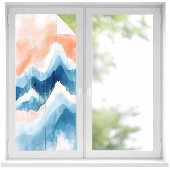 Static Cling Non Adhesive Window Film, Orange Navy Blue Ombre Window Privacy Film Frosted, Abstract Beach Waves Gradient Opaque Window Coverings for Small Windows, Home, 17.7 x 39.3 Inches