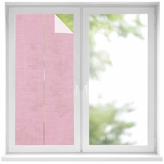 Static Cling Non Adhesive Window Film, Pink Window Privacy Film Frosted, Farmhouse Burlap Solid Pink Color Modern Linen Texture Opaque Window Coverings for Small Windows, Home, 17.7 x 39.3 Inches