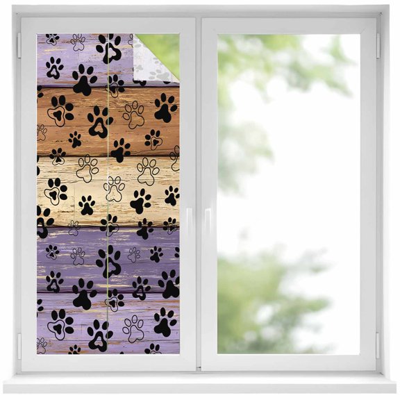 Static Cling Non Adhesive Window Film, Purple Dog Paws Window Privacy Film Frosted, Farmhouse Vintage Modern Purple Brown Wood Opaque Window Coverings for Small Windows, Home, 17.7 x 39.3 Inches