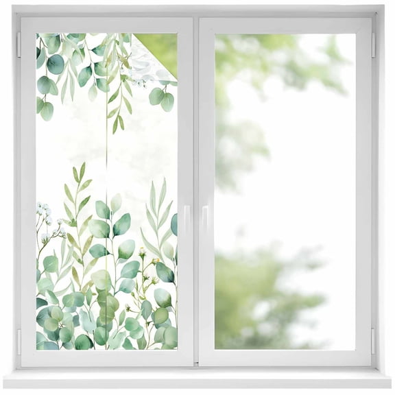 Static Cling Non Adhesive Window Film, Sage Green Eucalyptus Window Privacy Film Frosted, Farmhouse Botanical Leaves Opaque Window Coverings for Small Windows, Home, 17.7 x 39.3 Inches