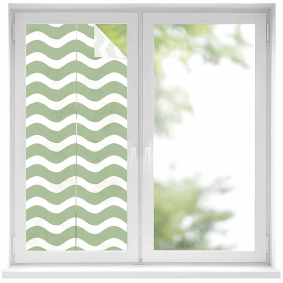 Static Cling Non Adhesive Window Film, Sage Green Stripe Window Privacy Film Frosted, Farmhouse Striped Modern Waves Moires Opaque Window Coverings for Small Windows, Home, 17.7 x 39.3 Inches