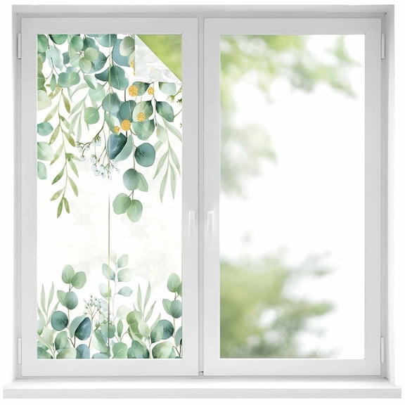 Static Cling Non Adhesive Window Film, Teal Green Eucalyptus Window Privacy Film Frosted, Spring Summer Farmhouse Leaves Watercolor Opaque Window Coverings for Small Windows, Home, 17.7 x 39.3 Inches