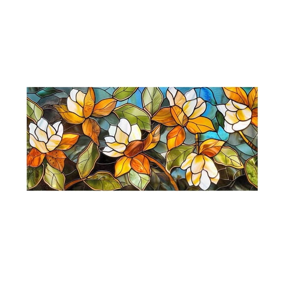 Static Cling Stained Glass Window Film, Floral Window Film, 24X12 In, Pvc, Removable, Bathroom, Warm Gold Green, 1 Pc