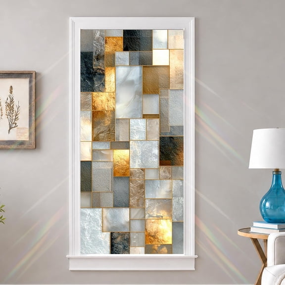 Static Cling Stained Glass Window Privacy Film Geometric Frosted Decorative Window Covering Light Filtering for Home Office Bathroom PVC 17.5" x 39.3"
