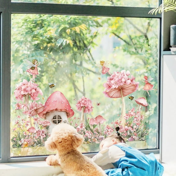 Static Cling Window Decals Removable Fairy Garden Stickers with Mushrooms House Flowers for Glass Door Home Decor Kids Room Art Transparent DIY Wall Decoration No Adhesive Easy Apply