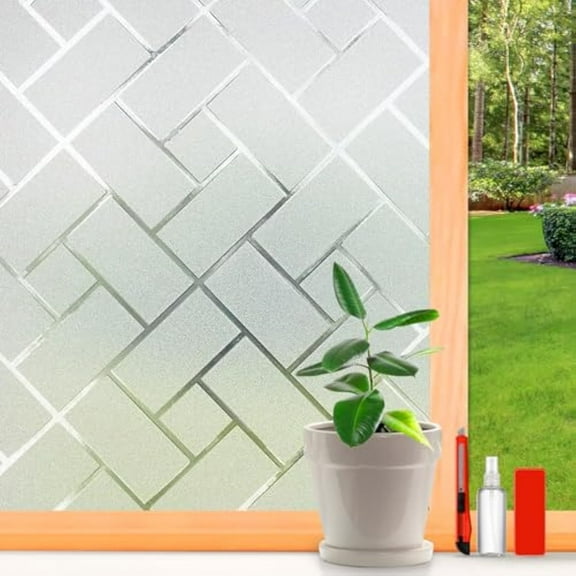 Static Cling Window Film for Home, Frosted Privacy Glass Cover with Sun Blocking & UV Protection , Removable Window Tint for Bathroom Doors, Windows & Office Partitions , White Grid Design