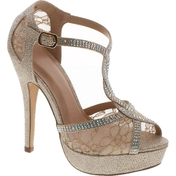 Static Footwear HY-5 Formal Evening Party Lace Ankle T-Strap Peep Toe Stiletto High Heel Pumps