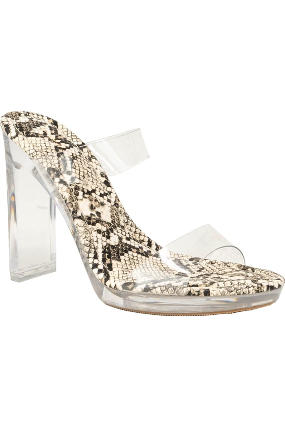 Women's Clear Open Toe Chunky Heels Mules High Heels Slip On Slide Sandals, Clear Snake, 7.5
