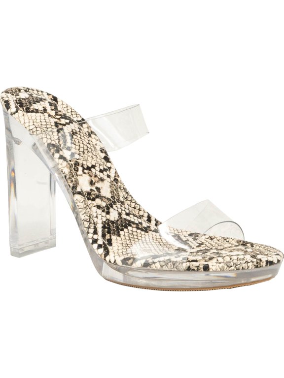 Women's Clear Open Toe Chunky Heels Mules High Heels Slip On Slide Sandals, Clear Snake, 9