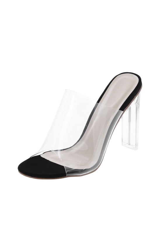 Women's Clear Open Toe Single Band Chunky Heels Mules High Heels Slip on Slide Sandals