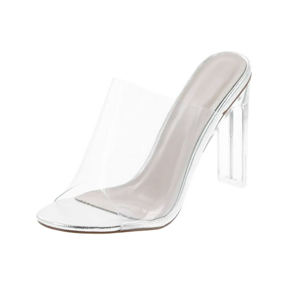 Static Footwear Women's Clear Open Toe Single Band Chunky Heels Mules High Heels Slip on Slide Sandals, Clear/Silver Pu, 6.5