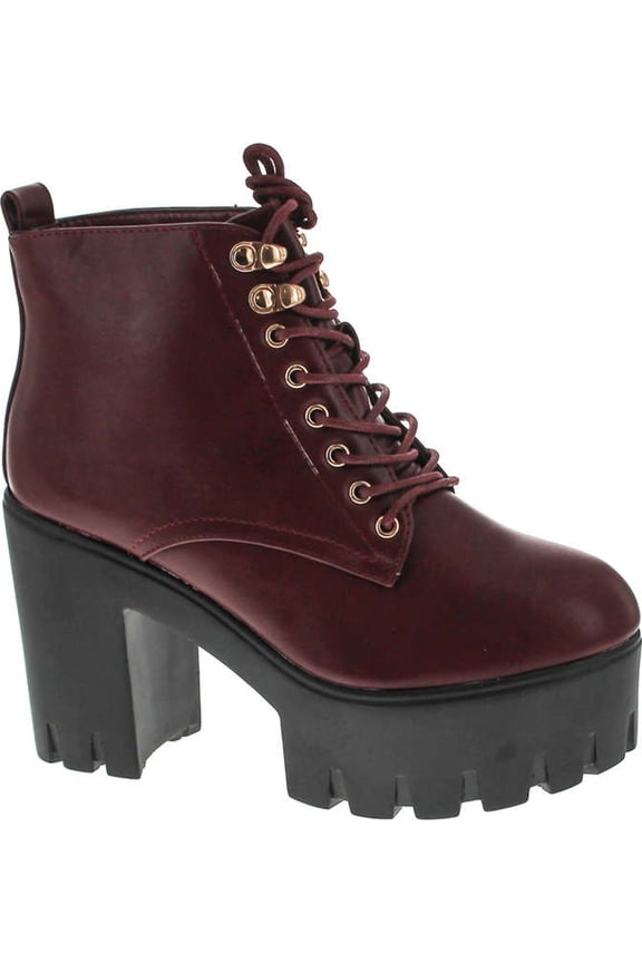 Women's Climate Faux Leather Lace-Up Thick Platform Chunky Heel Lug Ankle Bootie