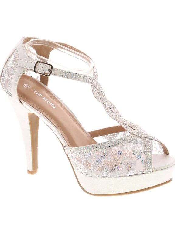 Womens Hy5 Formal Evening Party Lace Ankle T-Strap Peep Toe Stiletto High Heel Pumps
