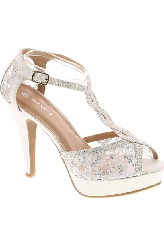 Womens Hy5 Formal Evening Party Lace Ankle T-Strap Peep Toe Stiletto High Heel Pumps