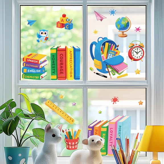 Static Window Clings Books and Pens 1 Sheet Reusable Window Decals for Glass 47.24" x 11.8" Removable Double Sided Window Sticker
