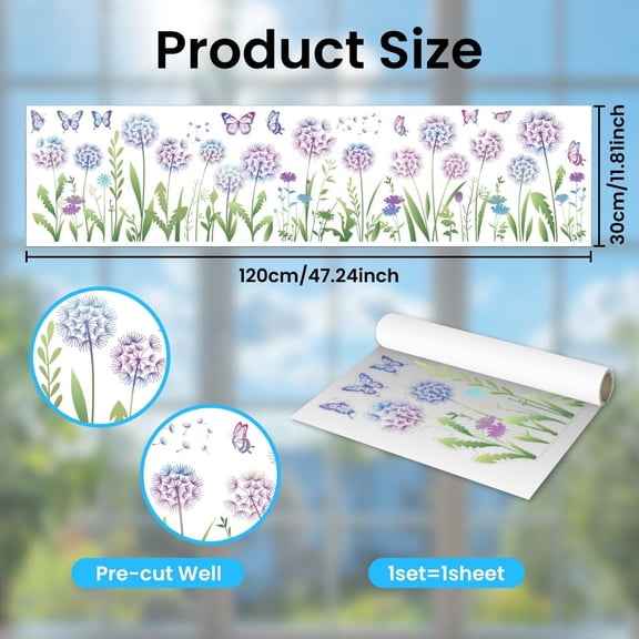 Static Window Clings Dandelion Butterfly 1 Sheet Reusable Window Decals for Glass 47.24" x 11.8" Removable Double Sided Window Sticker for Room Office Home Decoration