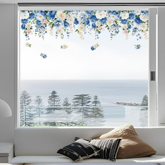 Static Window Clings Peonies 1 Sheet Reusable Window Decals for Glass 47.24" x 11.8" Removable Double Sided Window Sticker for Room Office Home Decoration