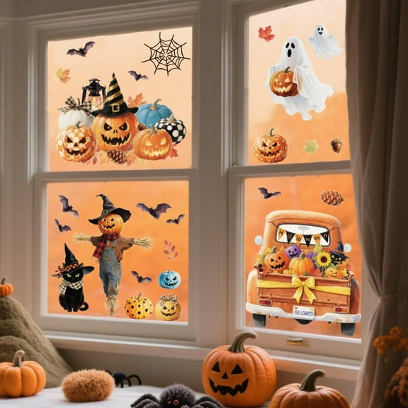 Static Window Clings Pumpkin and Scarecrow 1 Sheet Reusable Window Decals for Glass 47.24" x 11.8" Removable Double Sided Window Sticker for Room Office Home Decoration Colorful DIY