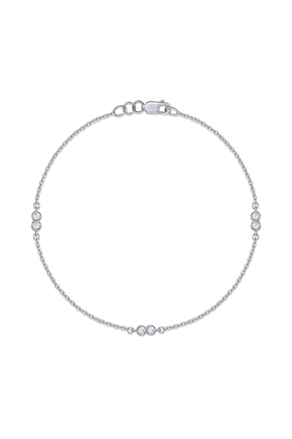 Station Chain Bracelets for Women | 2MM Round Lab Created Moissanite Bezel Set Cable Link Chain Bracelets | 14K White Gold Over Sterling Silver (0.15Ctw)-6.5 Inch