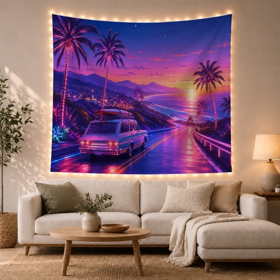 Station Wagon on a Winding Coastal Road, Nostalgic Retro for Car Enthusiasts, Sunset Drive Art, Housewarming Gift, Tapestry Wall Hanging for Living Room and Garage