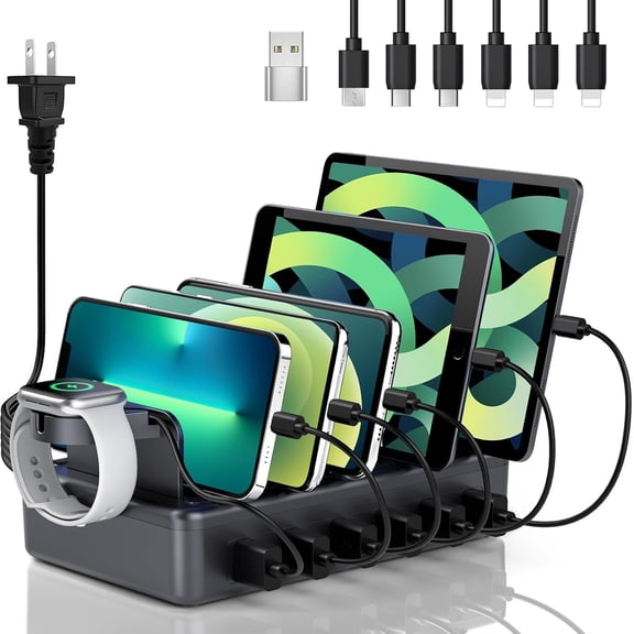 Station for Multiple Devices, 6 in 1 Charger Station Multiple Station for Cellphone Tablet iPad and -50W Dock with Cables