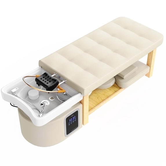 Holaki Head Spa Massage Table with Water Cycle and Fumigation, Stationary PU Leather Salon Bed, Wood Frame, Beige