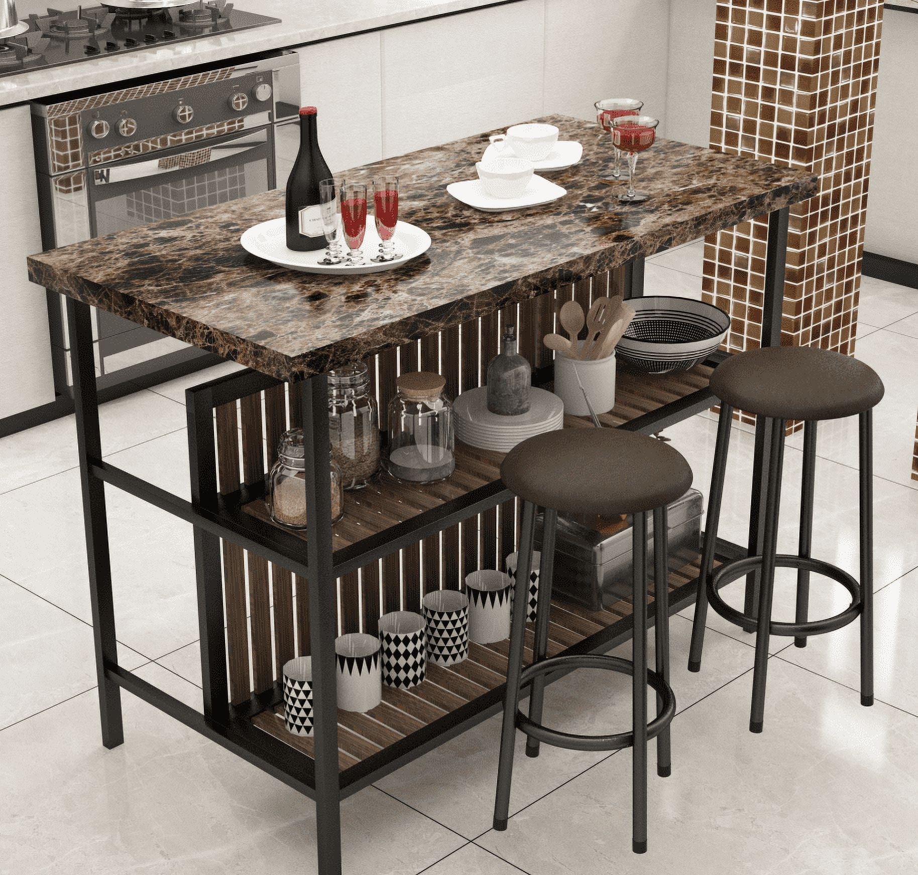 Stationary Kitchen Island Set with Seating, BTMWAY Modern 3 Piece Brwon