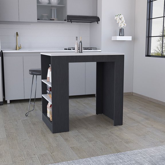 Stationary Kitchen Island with Shelves / Used for Family Dinners / Convenient Storage Solution