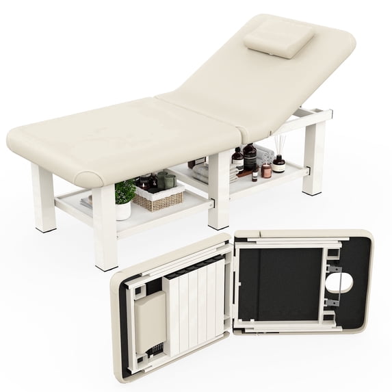 Holaki Massage Table with Backrest, Folding Treatment Table for Physical Therapy Spa Facial Bed, PU Leather Massage Bed with Metal Frame. 660lbs, Beige