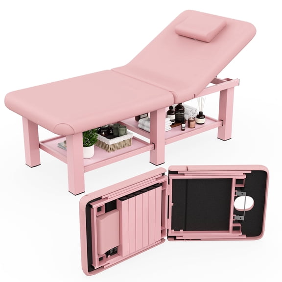 Stationary Massage Table Folding Bed with Backrest for Treatment Table Physical Therapy Table Spa Facial Bed, Metal Frame PU Leather, 30.5"Wx75"L, 660lbs, Pink