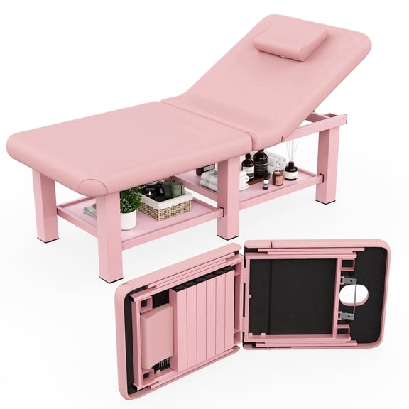 Stationary Massage Table Folding Bed with Backrest for Treatment Table Physical Therapy Table Spa Facial Bed, Metal Frame PU Leather, 30.5"Wx75"L, 660lbs, Pink