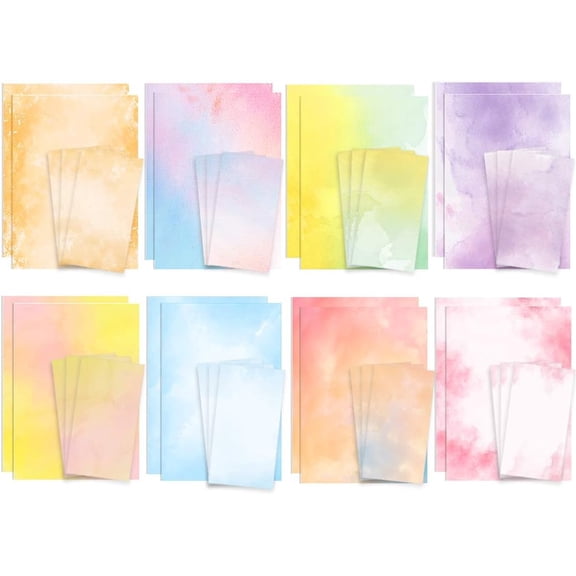 Stationary Paper and Envelopes Set 48 Pack of Watercolor Letter Writing Paper, Decorative Printer Stationery Sheets Set with Assorted Designs - Double-Sided Printing - 8.5 x 11 Inch