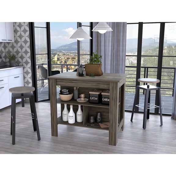 Stationary Pine Island with Wide Shelves / Suitable for Contemporary Kitchen Design