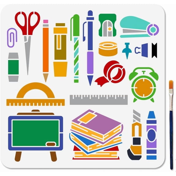 Stationery Book Stencil for Painting 11.8×11.8inch Reusable Book Pen Supplies Stencil with Paint Brush Scissors Paperclip Stapler Drawing Template for Wood Wall Window DIY Craft Colorful