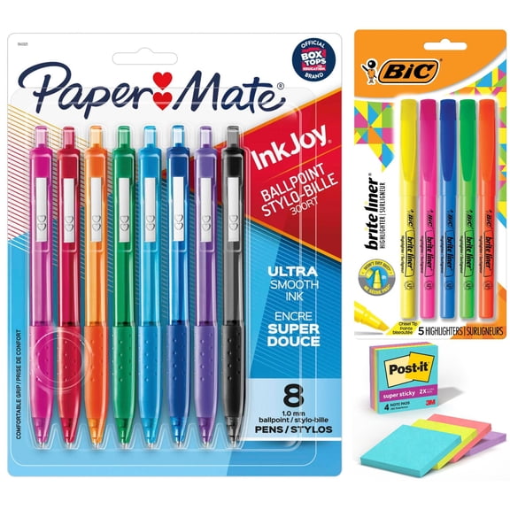 Stationery Essentials Bundle with Paper Mate InkJoy Pens, BIC Brite Liner Highlighters, and Post-it Super Sticky Notes