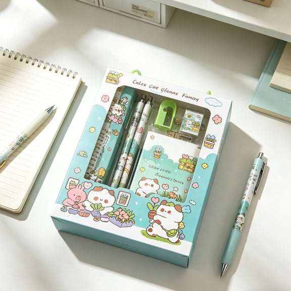 Stationery Gift Set - 7-Piece Writing Kit with Ruler and Pencil and Sharpener and Eraser and Mini Notebook - Organized Stationery Box - Mint Green Cat