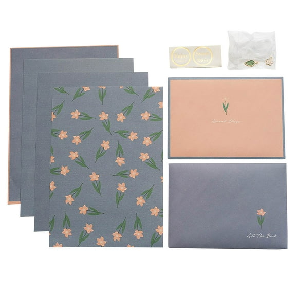 Stationery Paper and Envelopes Set with Metal Accessories,Snow Yarn Belts and Sealing Sticker Cute Floral Stationery Set for Writing Letters,Double Sided Printing,Letter Writing Kit Poem Supplies